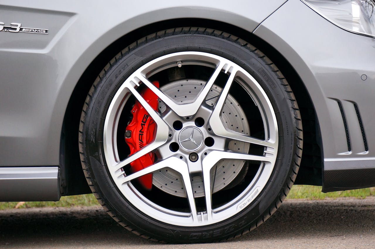 Detailed close-up of a Mercedes-Benz AMG wheel showcasing the design and luxury automotive craftsmanship.